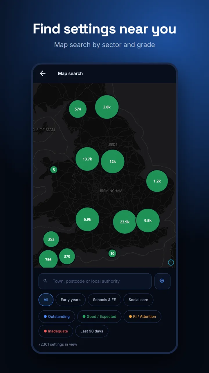 Map search showing settings across England